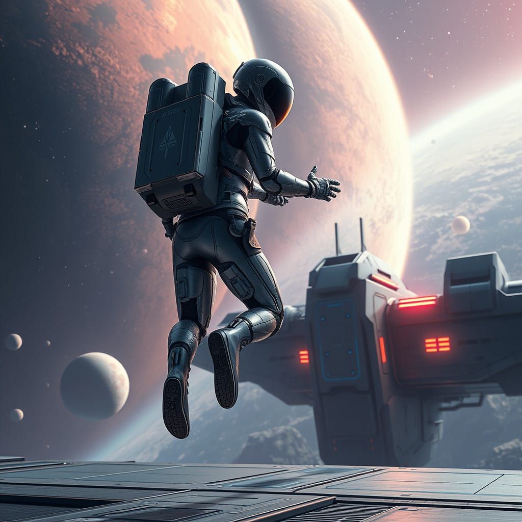 Cyborg Woman Lands on Futuristic Spaceship in Realistic Matt...