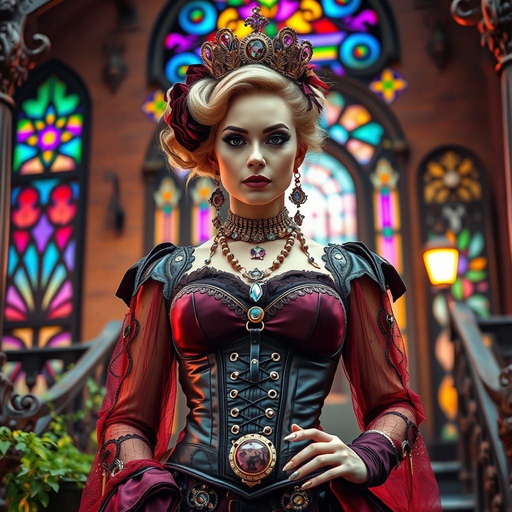 Regal Steam Punk Queen in Vibrant Neon Mansion