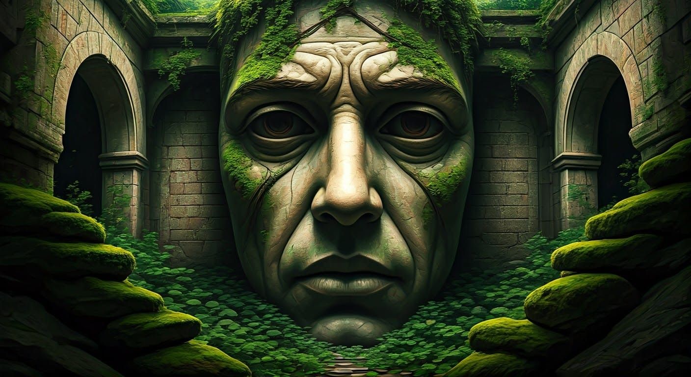 Ancient Ruins Form a Haunting, Moss-Covered Face in a Matte ...