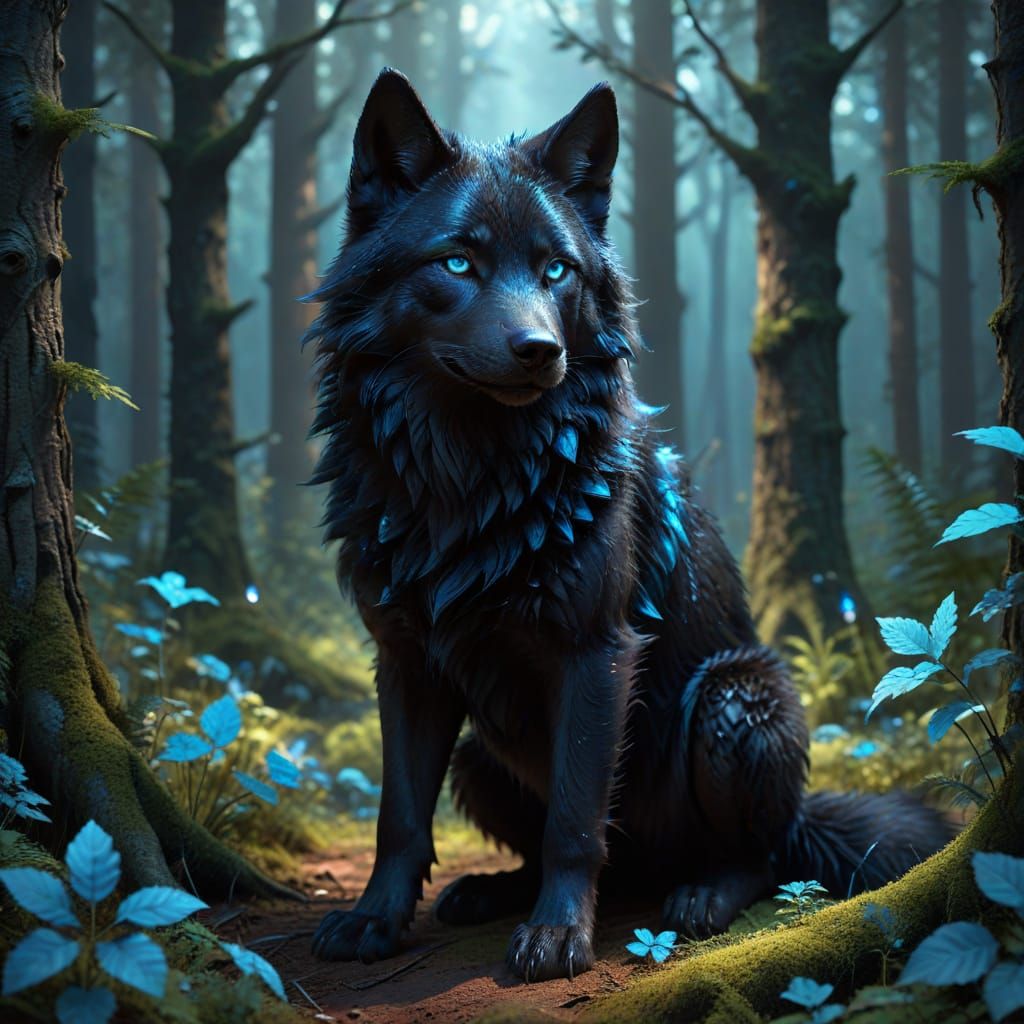 Cute Black Wolf in Magical Forest: Hyper-Realistic Concept A...