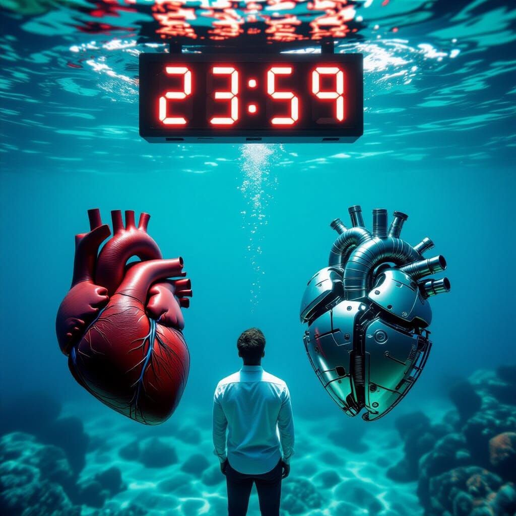 Man's Underwater Dilemma: Human vs. Mechanical Heart Choice