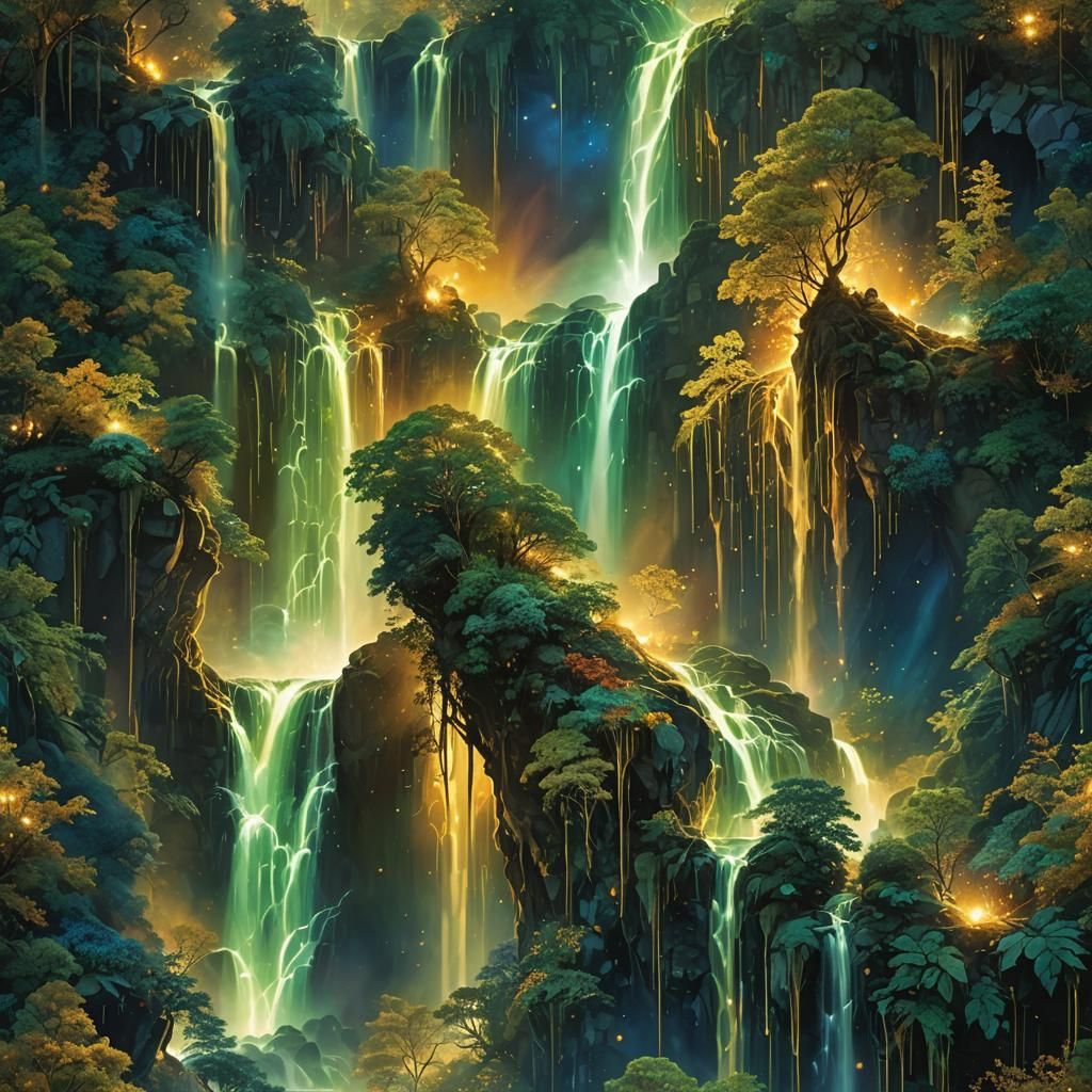 Celestial Waterfall of Iridescent Gold in Mystic Realm