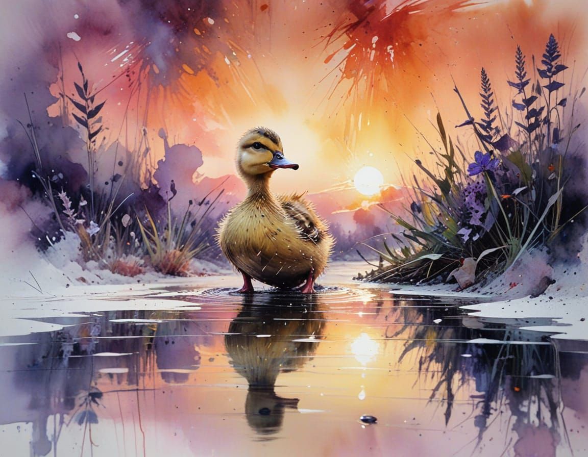 Duckling in Pond: Watercolor Reflection at Dawn