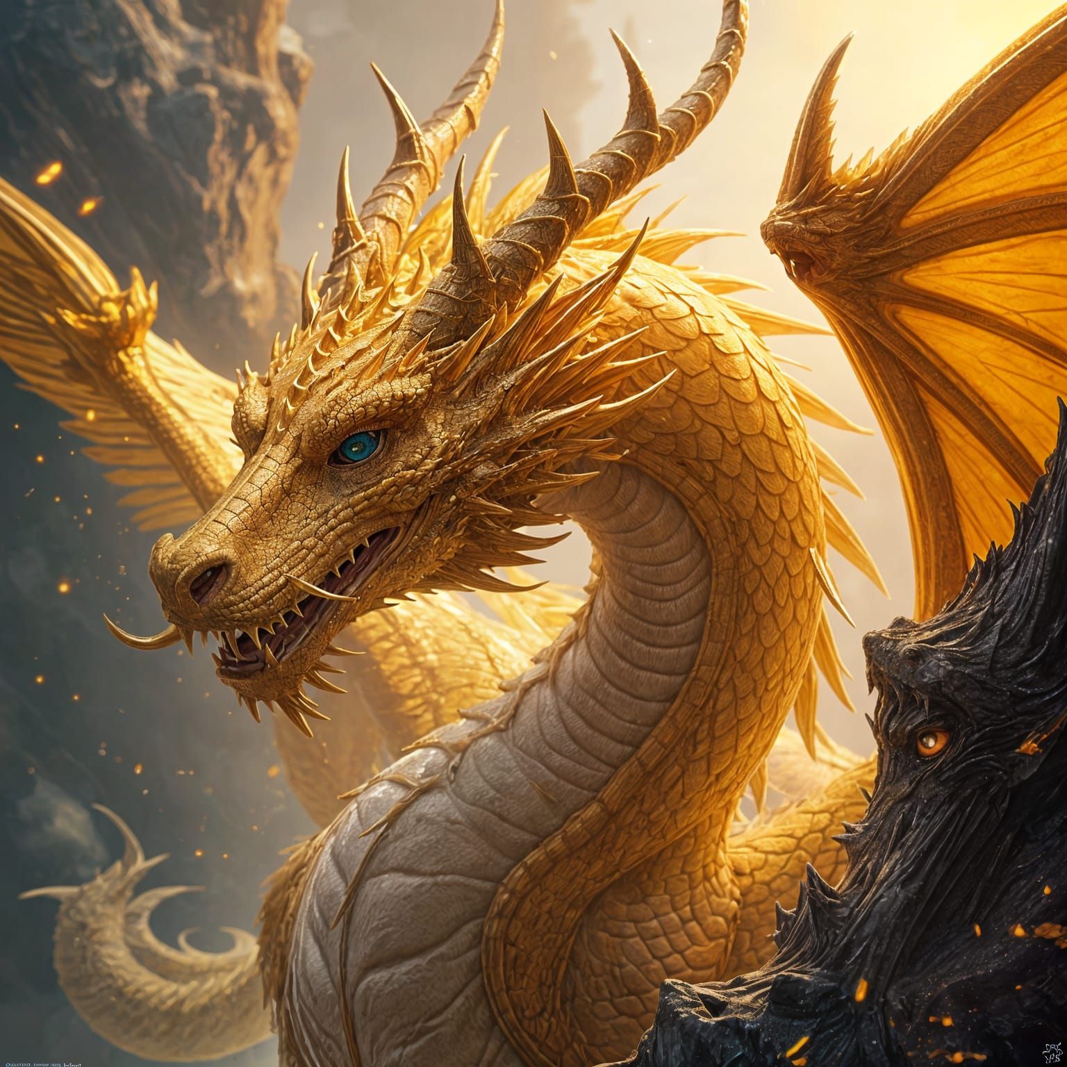 Hyperrealistic Ice Golden Dragon Splash Art