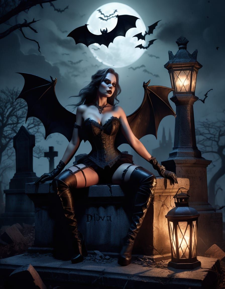 Gothic Diva on Tombstone with Bats