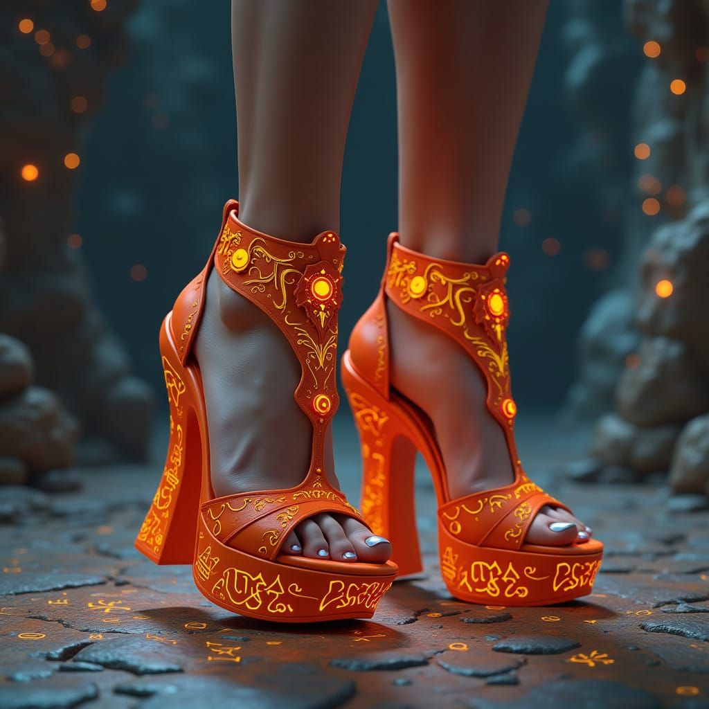 Vibrant Orange Fantasy Sandals in Ancient Ruins
