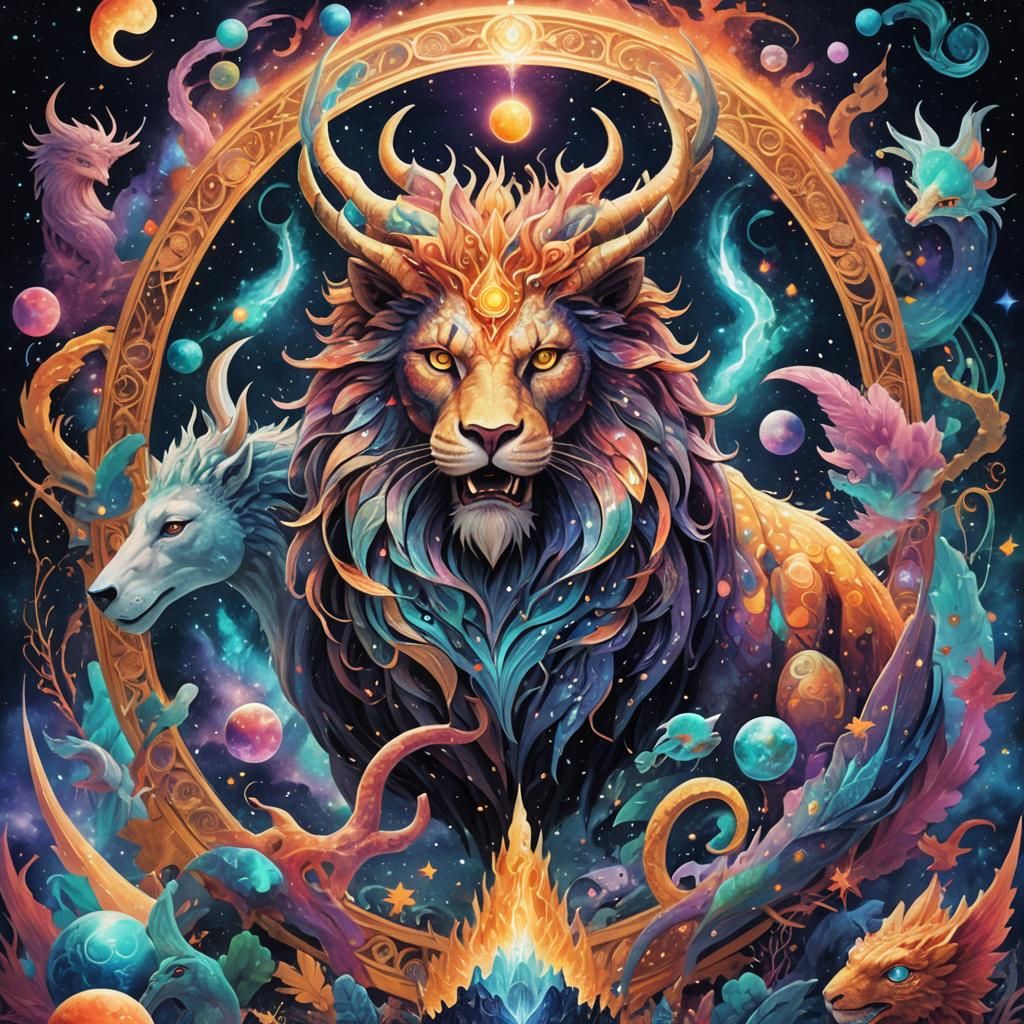 Cosmic Mythical Beasts in Holographic Illustration