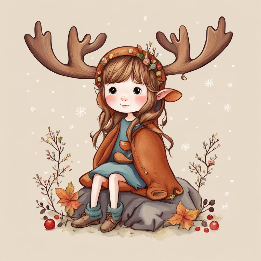 Fairy with Moose Antlers, Whimsical Fantasy Art