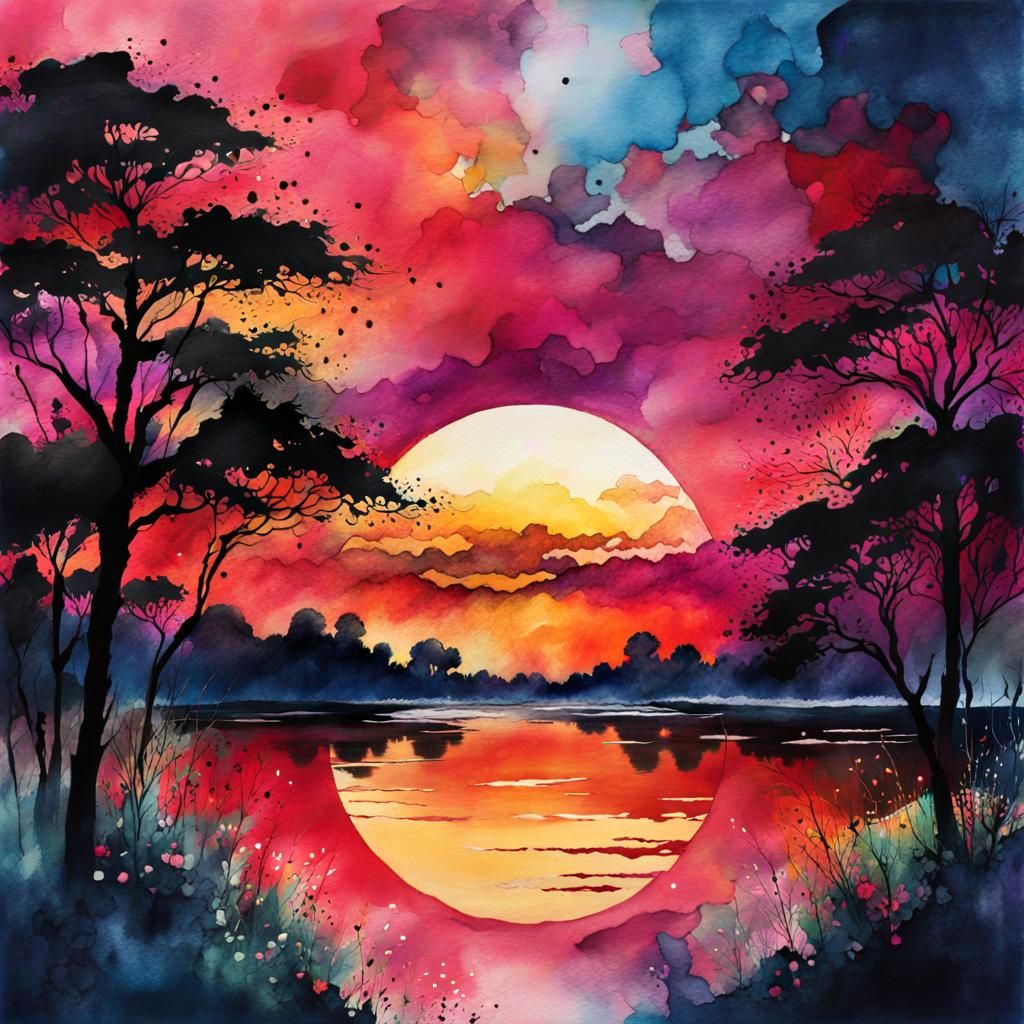 Blood Moon Witch in Digital Watercolor Illustration