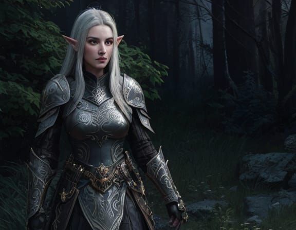 Dark Fantasy Elf Warrior in Medieval Landscape