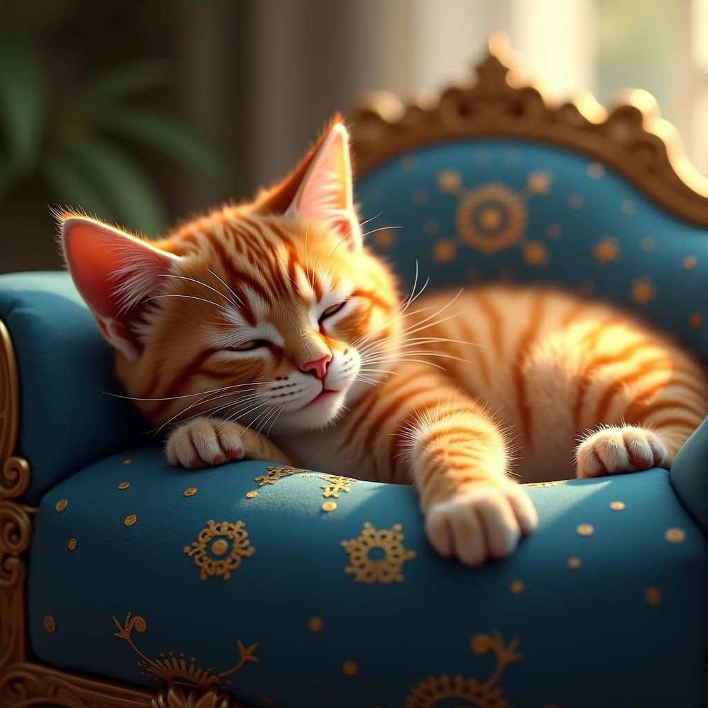 Orange Tabby Cat Asleep on Velvet Bed