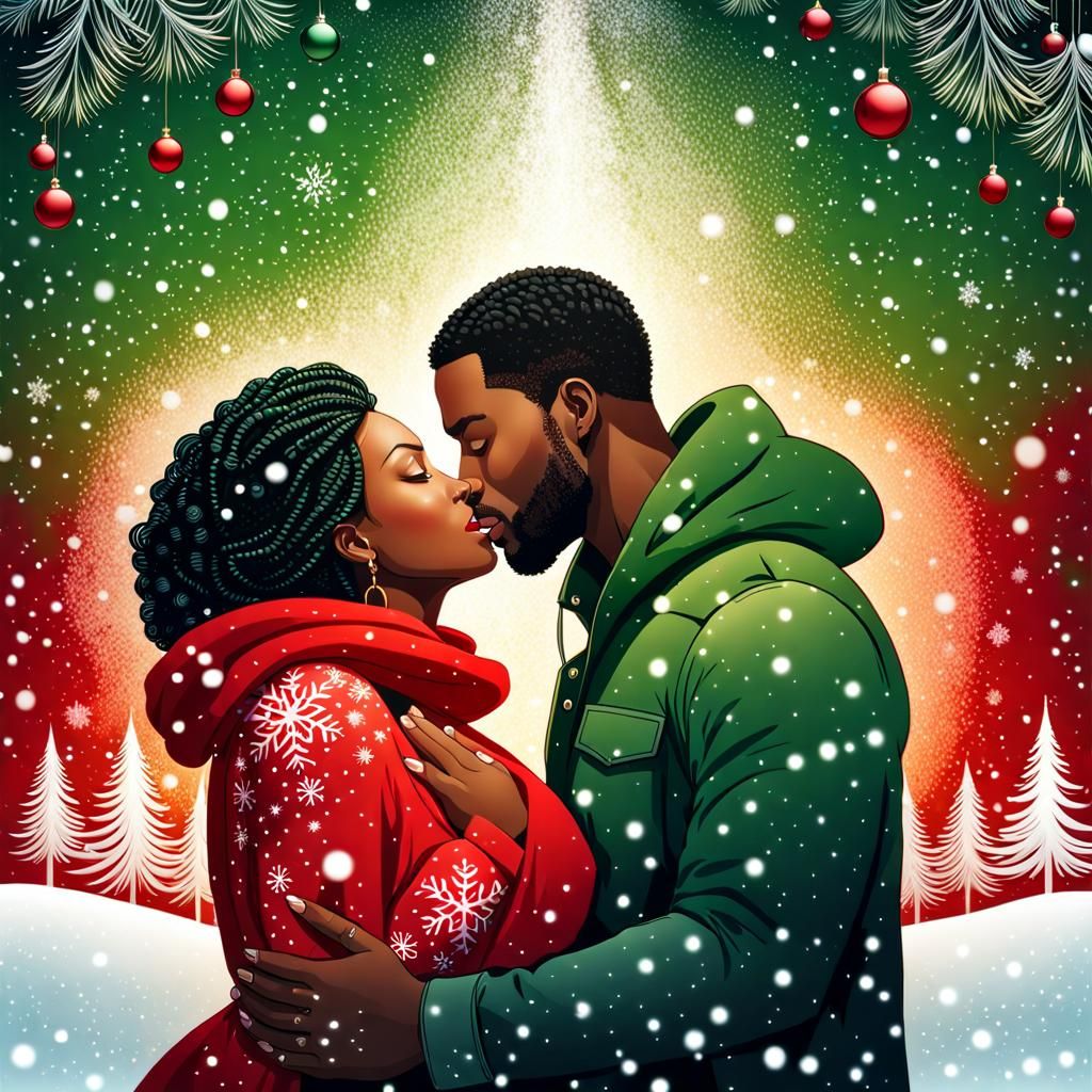 Passionate Christmas Kiss in Hyperrealistic Style