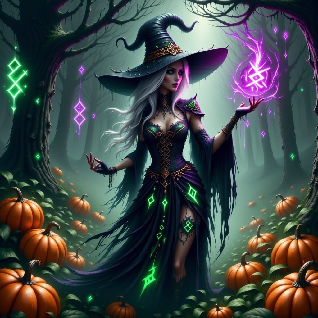 <lora:Eclipse Flux:1.0> <lora:Glowing Flex Runes:1.0> Halloween witch in a pumpkin patch surrounded by floating purple a...
