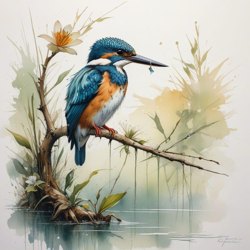 Ethereal Watercolour Lilypond Scene with Kingfisher in Fligh...