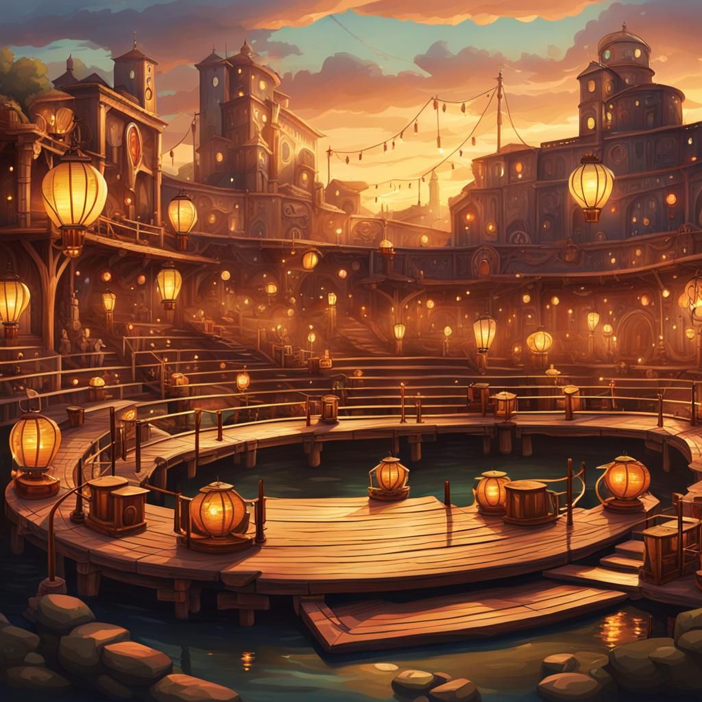 Steampunk Arena Moored at Dusk: Retrofuturistic Landscape