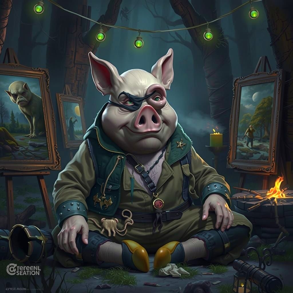 Neon Lit Pig Man Campsite with Stolen Painting