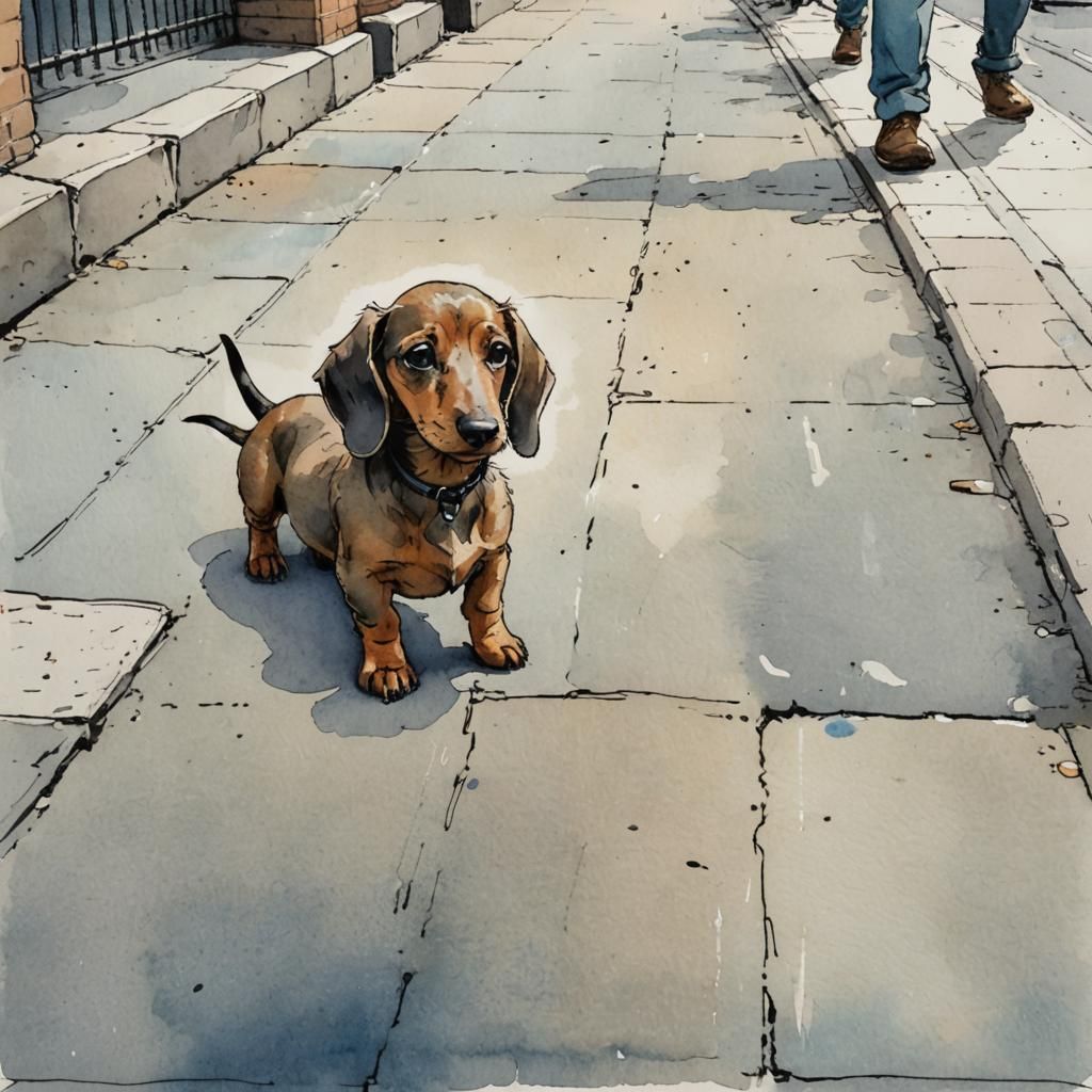 fawn dachshund puppy on a sidewalk street, in the style of Q...