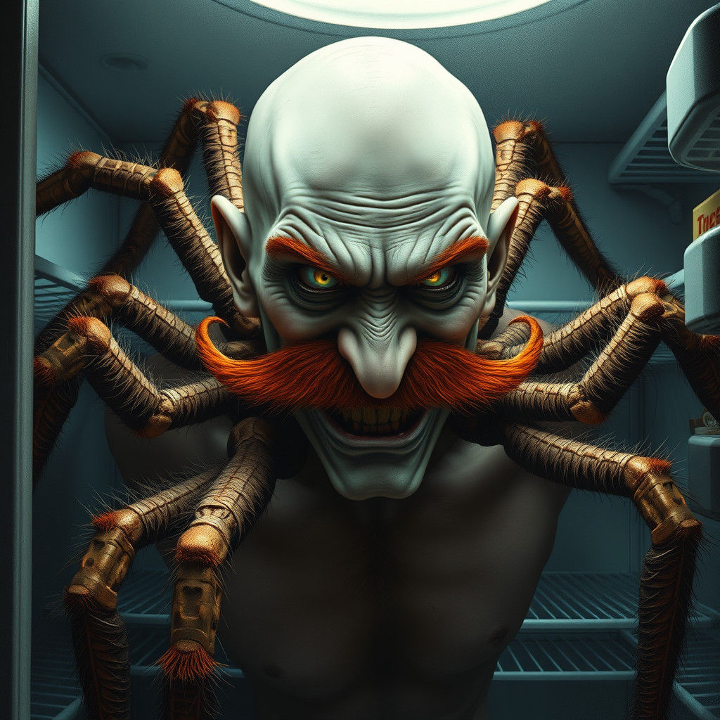 Eerie Bald Man with Spider Legs in Fridge