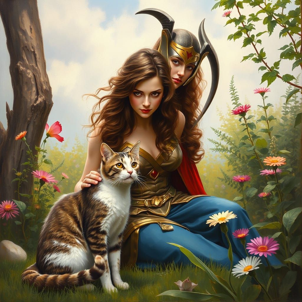 Wonder Woman and Feline Companion in Whimsical Garden Scene