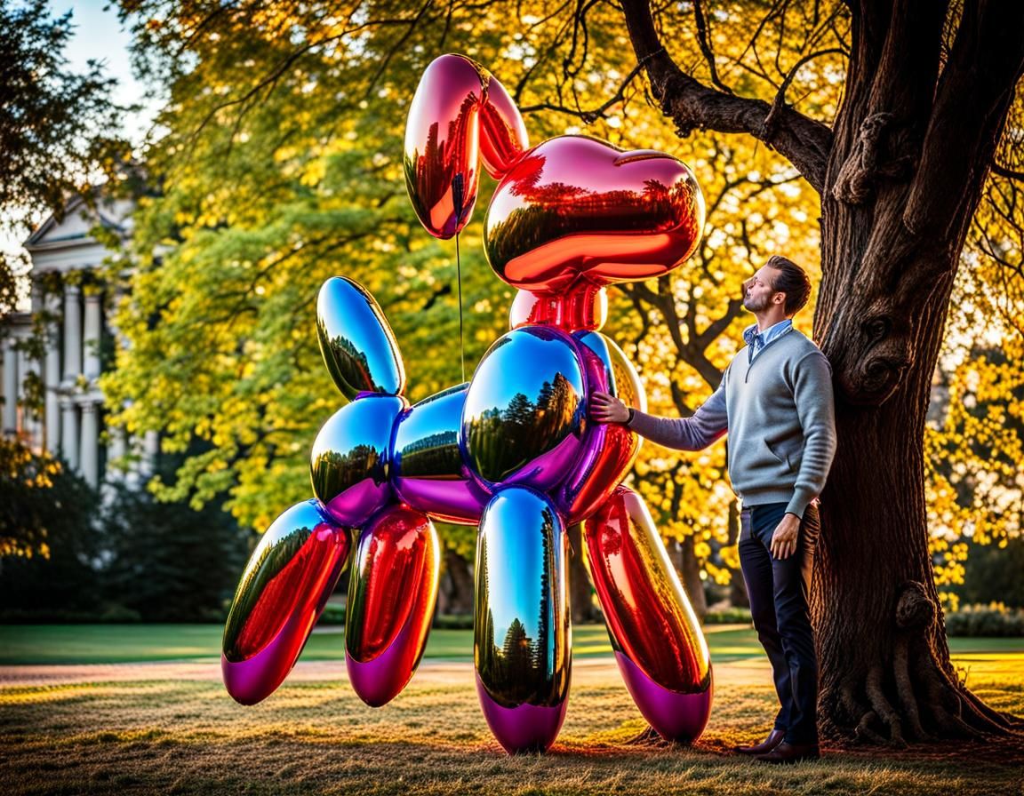 ((((4D)))) a man holding a dog leash attached to a large balloon dog made out of designed by jeff koons and Jan Hakon Er...