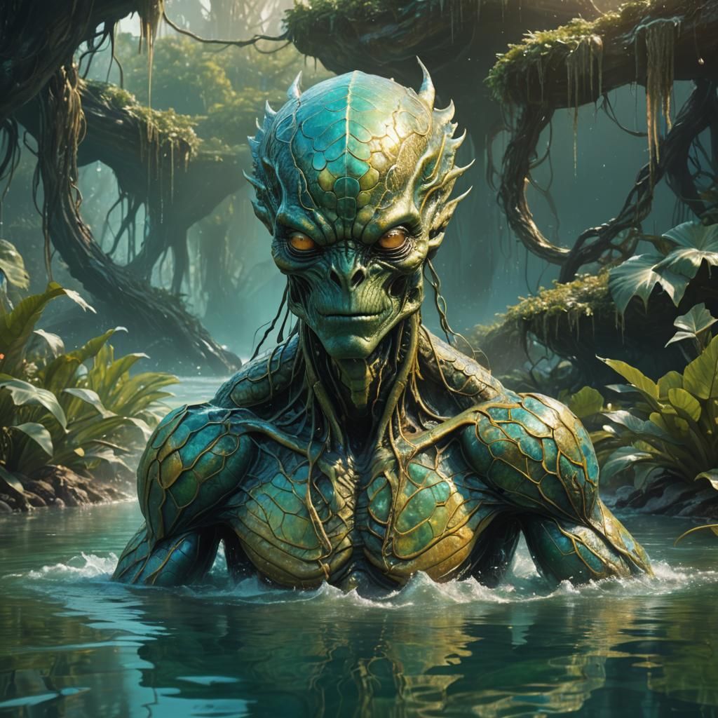 Muscular Serpentine Alien in Lagoon as Matte Painting