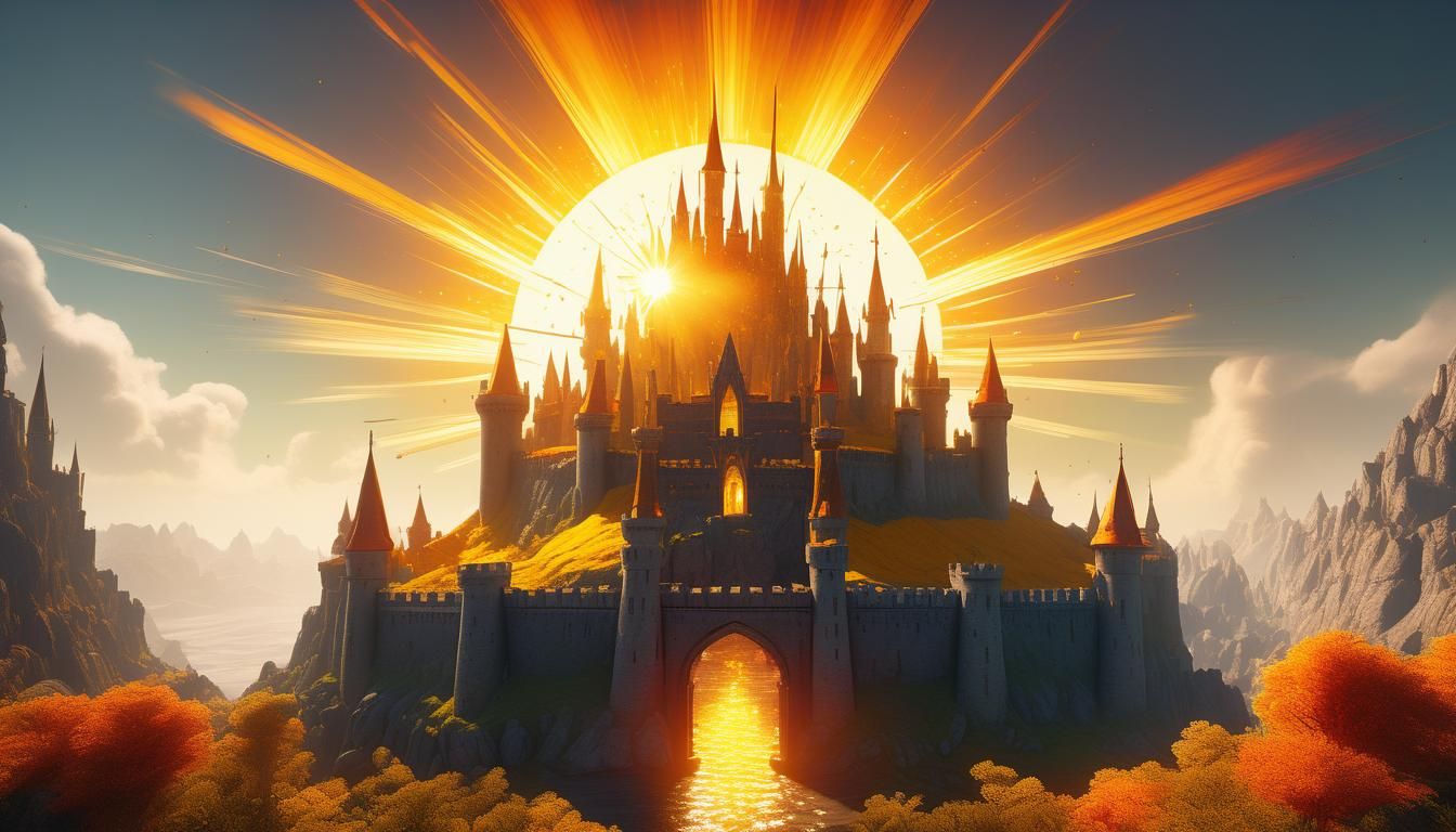 Sunburst Over Fantastical Brightly Lit Castles