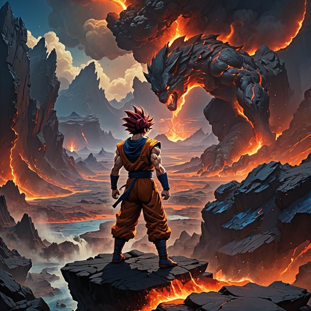 Goku Overlooking Lava Planet in Matte Painting Style