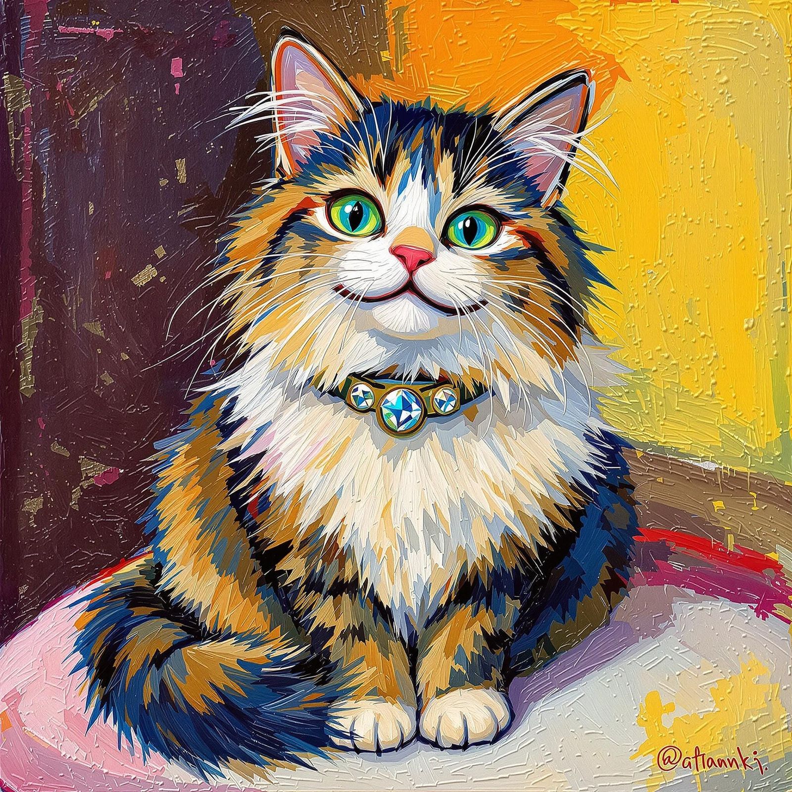 Smiling Munchkin Cat with Sparkling Collar, Impasto Painting
