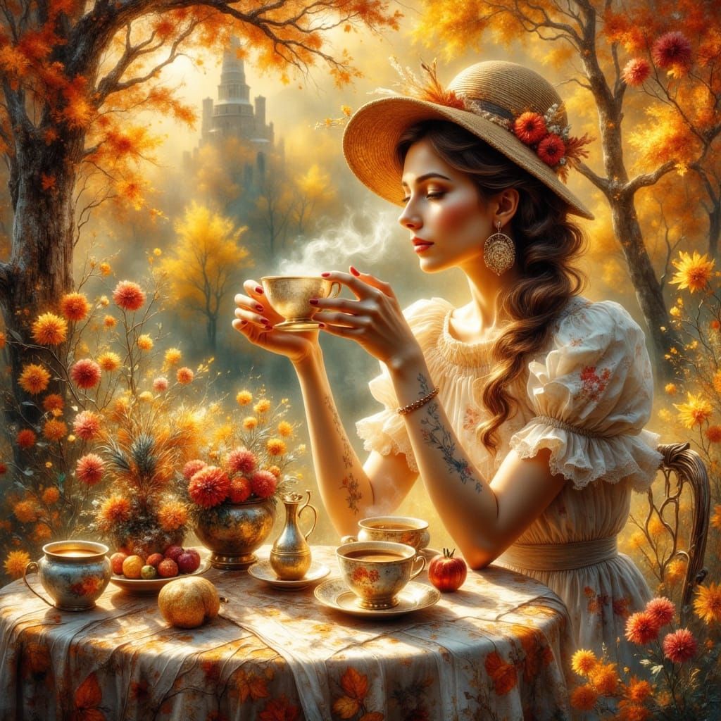 Retro Beauty Sipping Coffee Amidst Autumn Colors