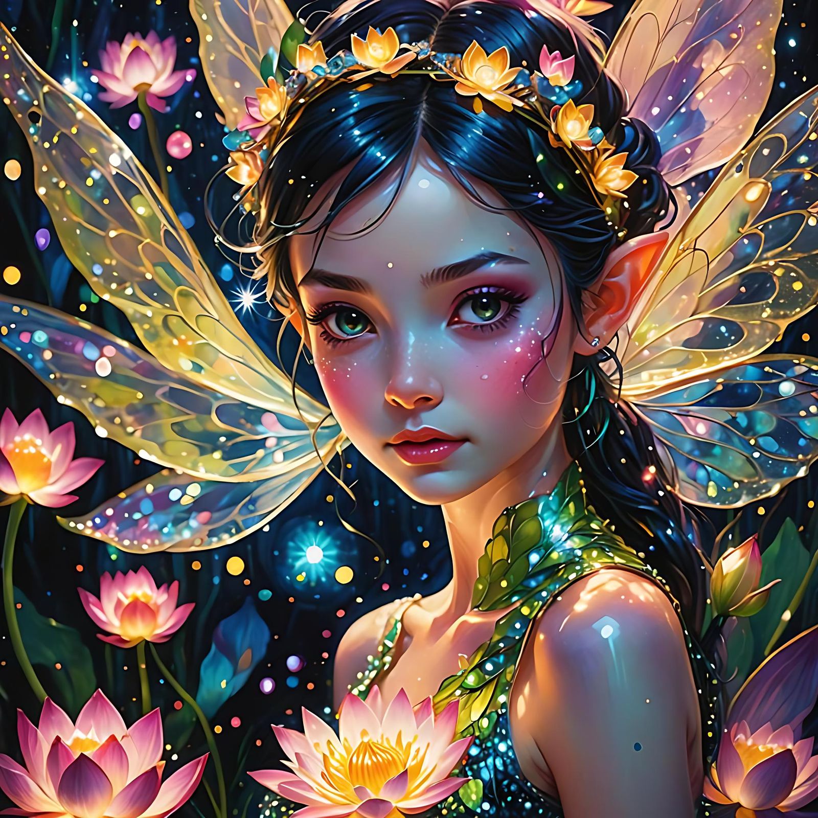 Glowing Pixie Fairy in Luminous Lotus Flower