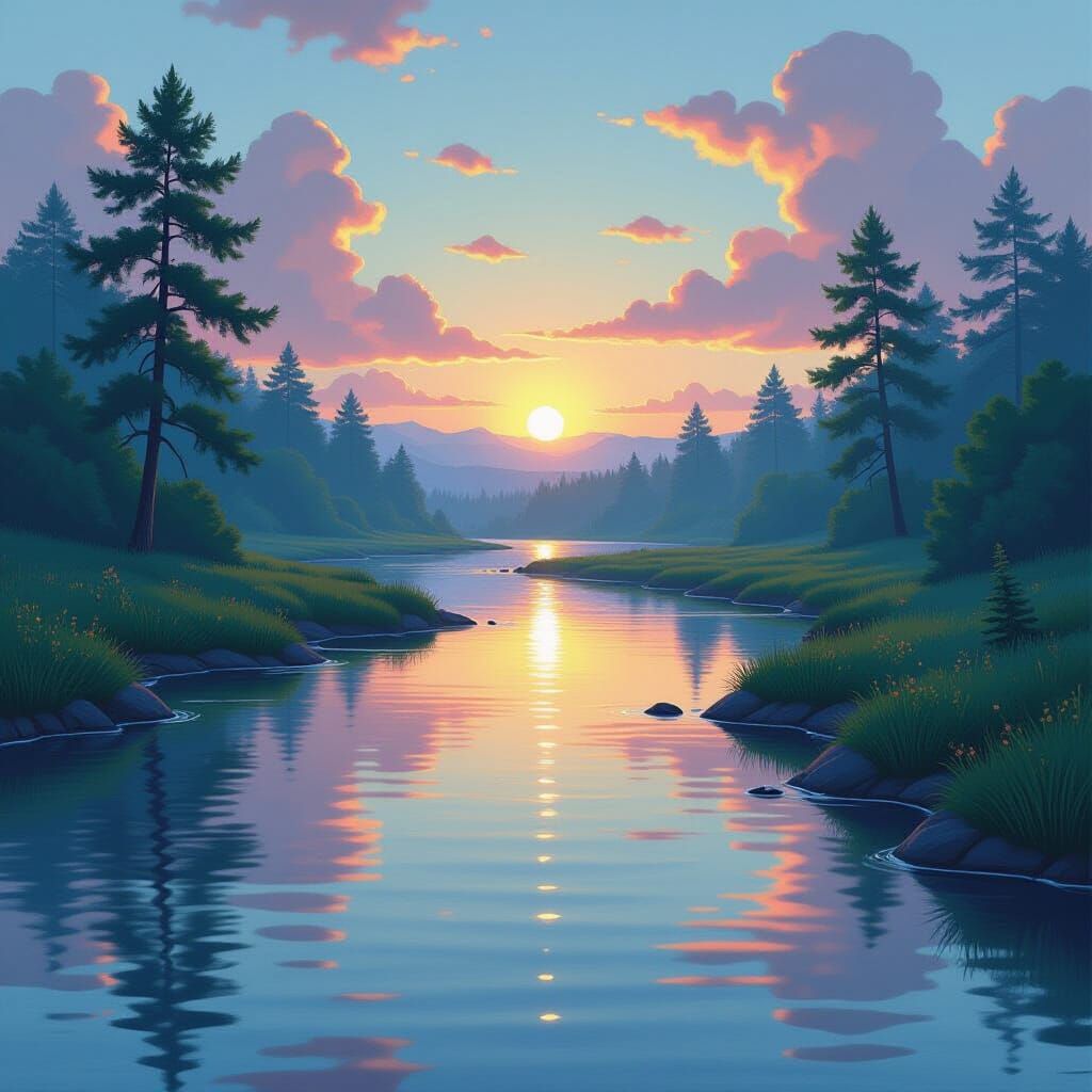 Mystical River Landscape in Dreamy, Vibrant Style