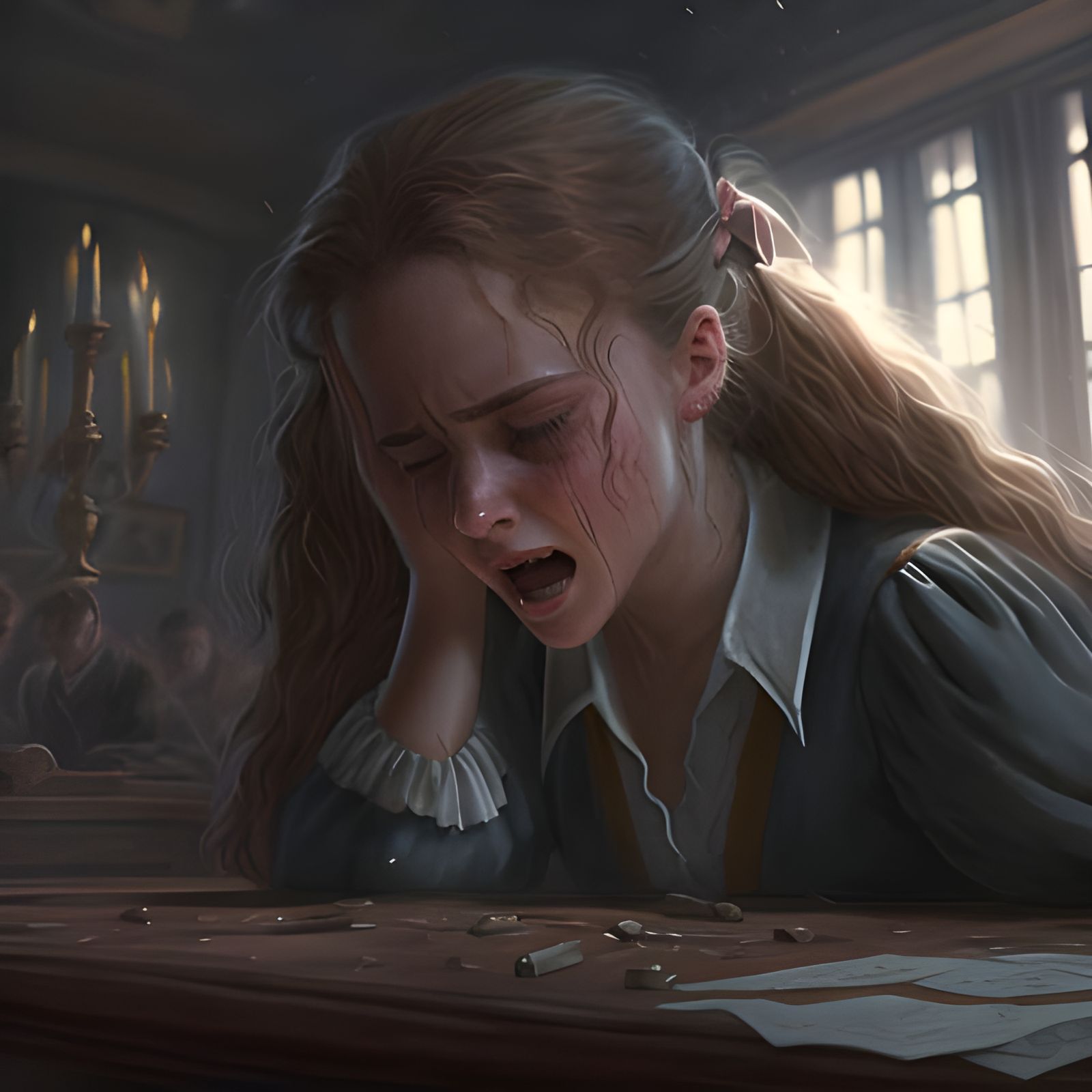 Crying Hermione Granger in Hogwarts Classroom