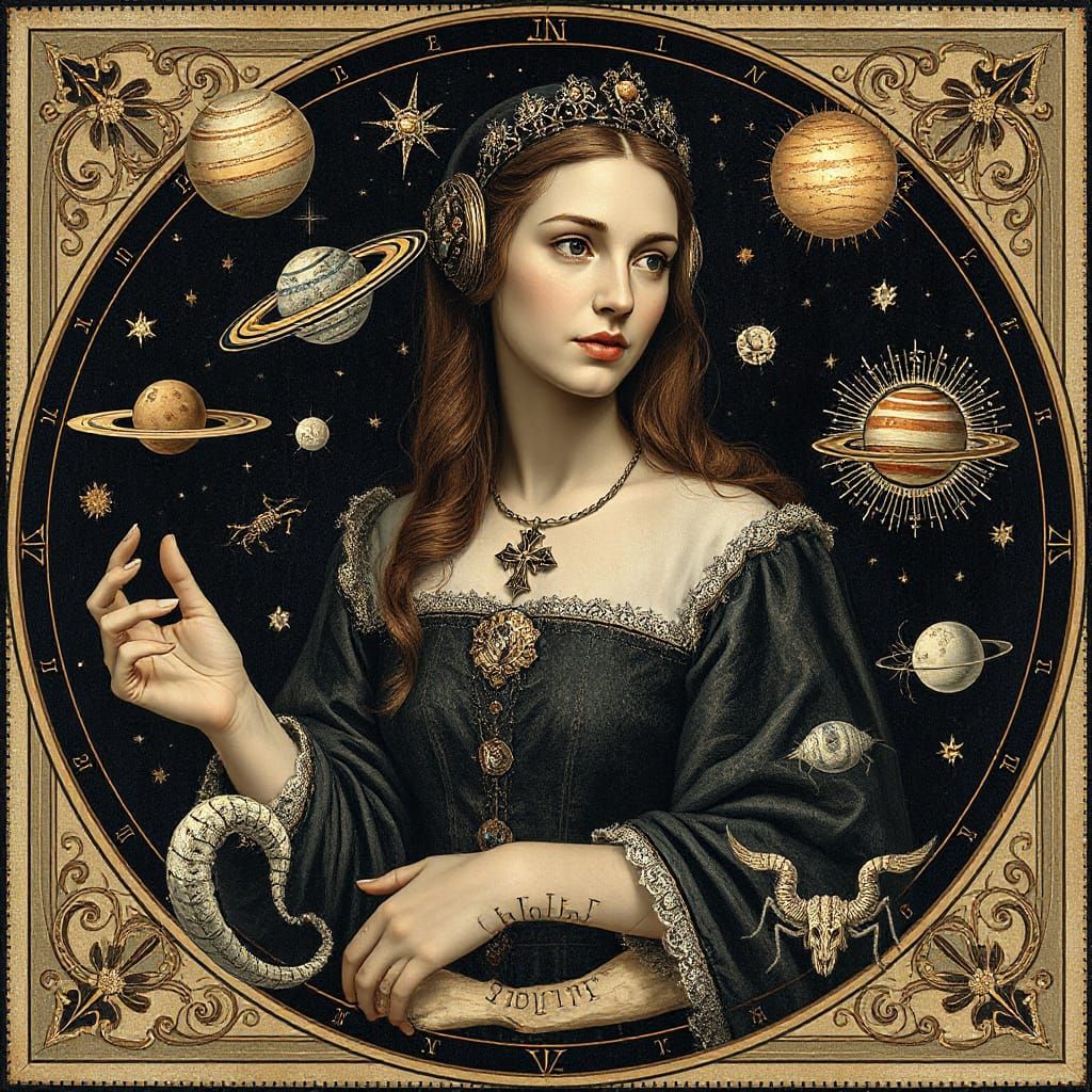 Renaissance Woman Surrounded by Macro and Microcosm Symbols