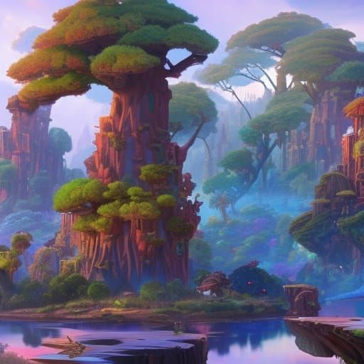 Floating Tree Fantasy Landscape with Magic Crystals