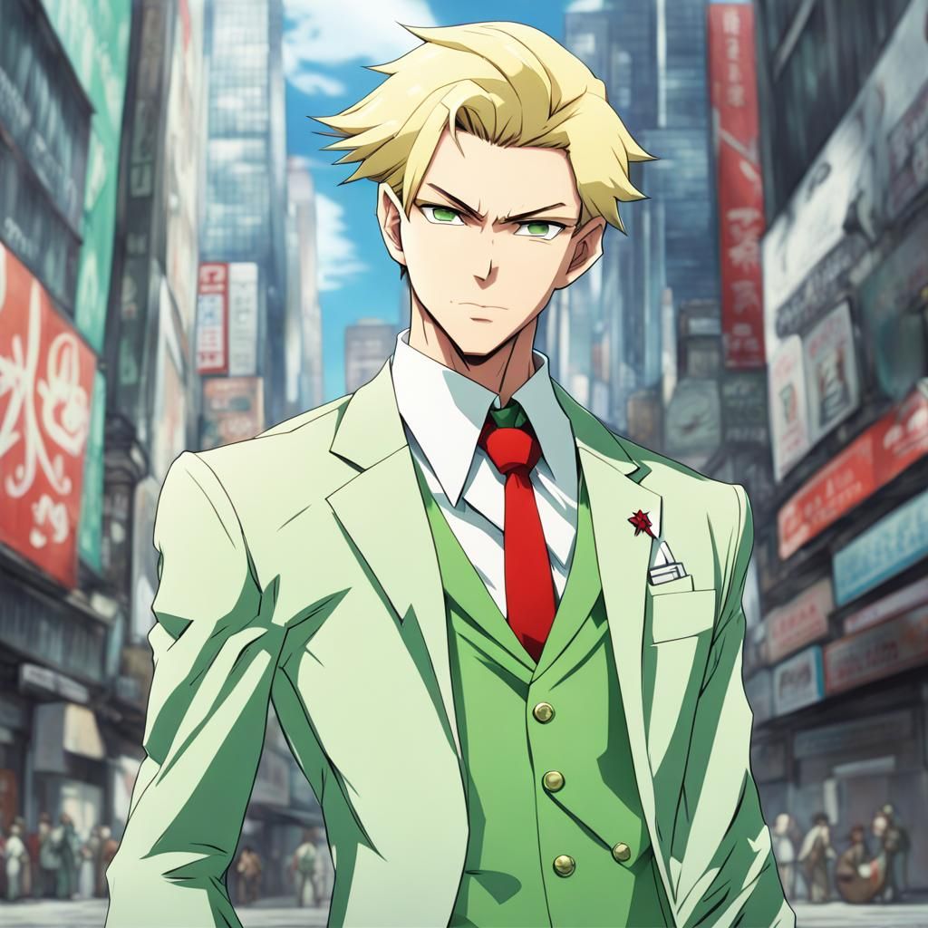 Anime Style Blond Man in Green Suit