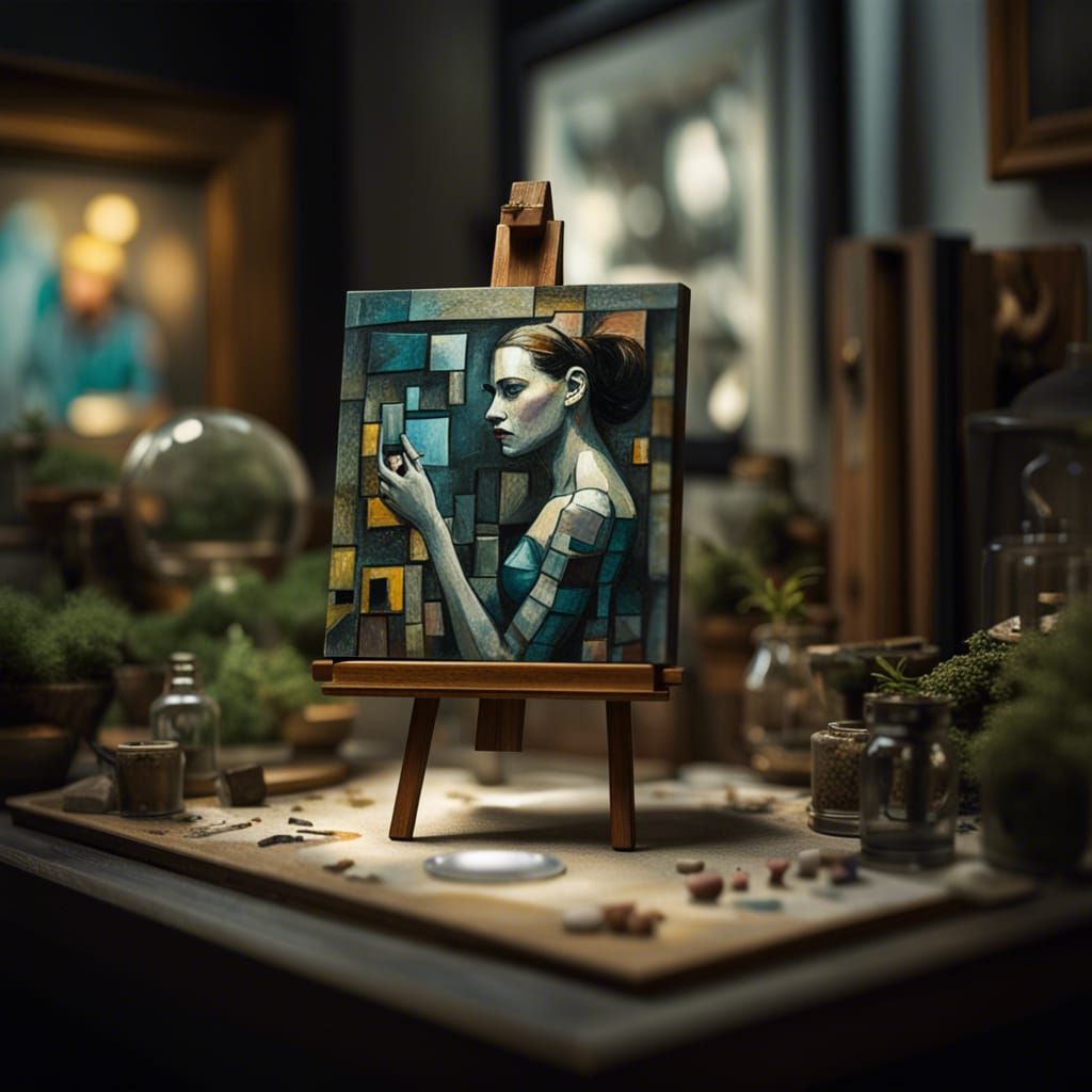 Cubist Woman Painting in Terrarium, Tilt-Shift Miniature