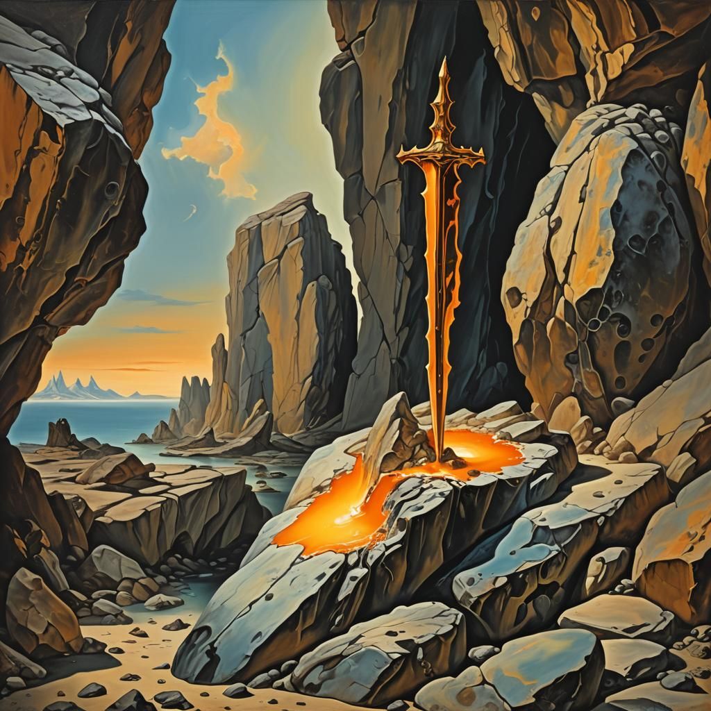 Surreal Glowing Orange Sword in Rock