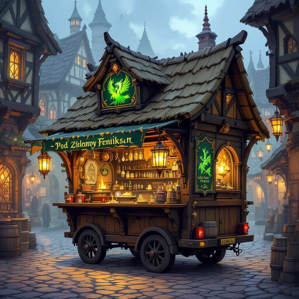 Fantasy Food Truck Sells Magic Items Under Green Phoenix Sig...