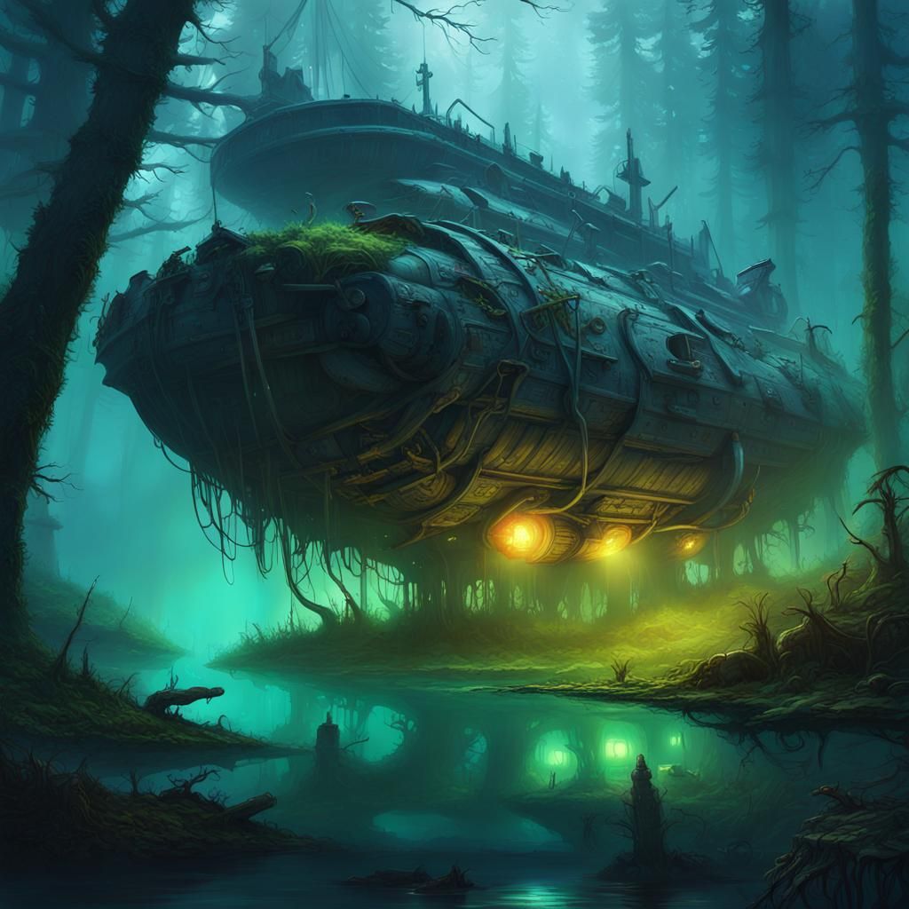 Cyberpunk Alien Shipwreck in Underwater Forest