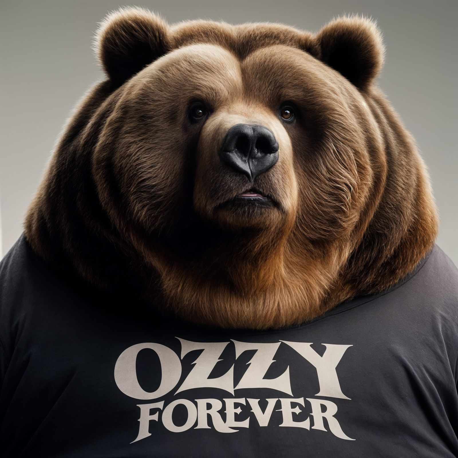 Obese Kodiak Bear Portrait with Ozzy Osbourne Shirt