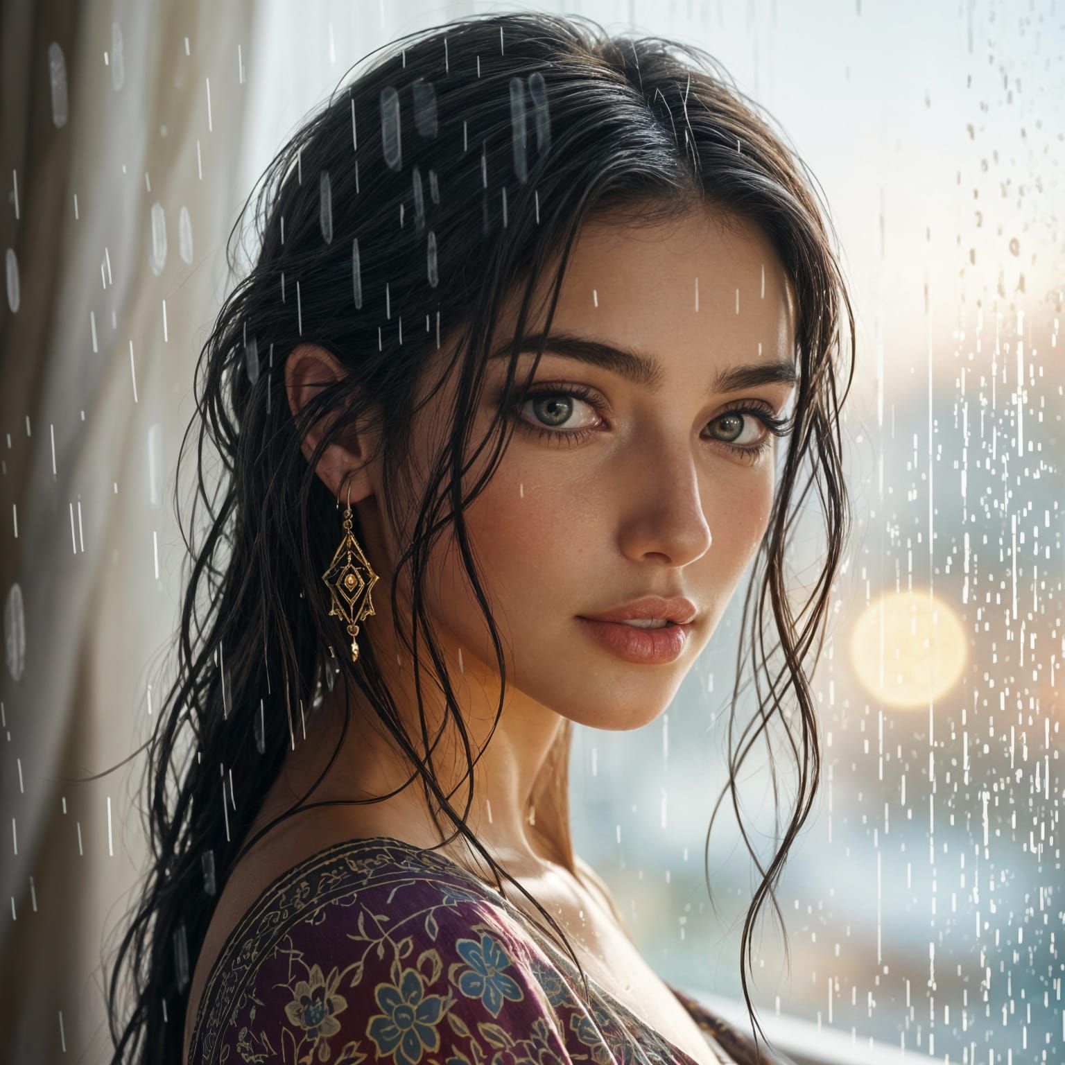 Dreamy Persian Woman by Window on Rainy Day