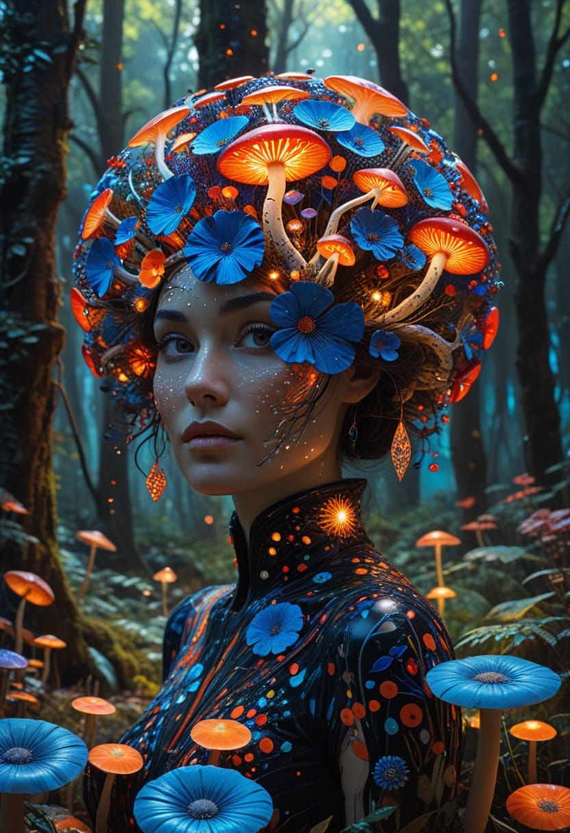 Surreal Pop Art Goddess in Vibrant Forest Landscape