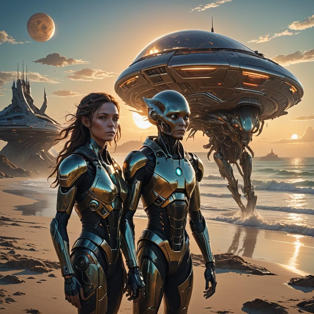 Aliens Enjoying Beach Sunrise, Hyperdetailed Digital Art