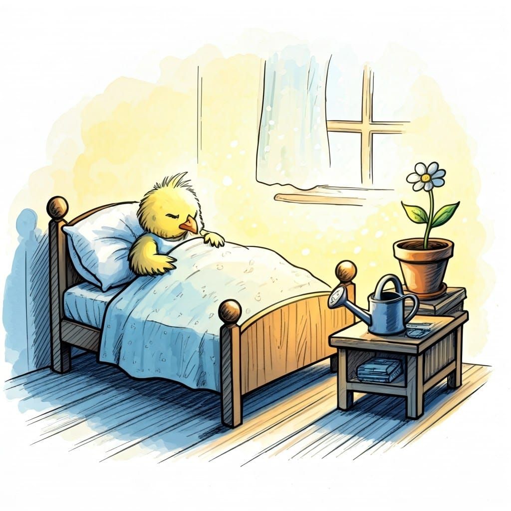 Sick Chick in Bed: Pen and Ink Watercolor