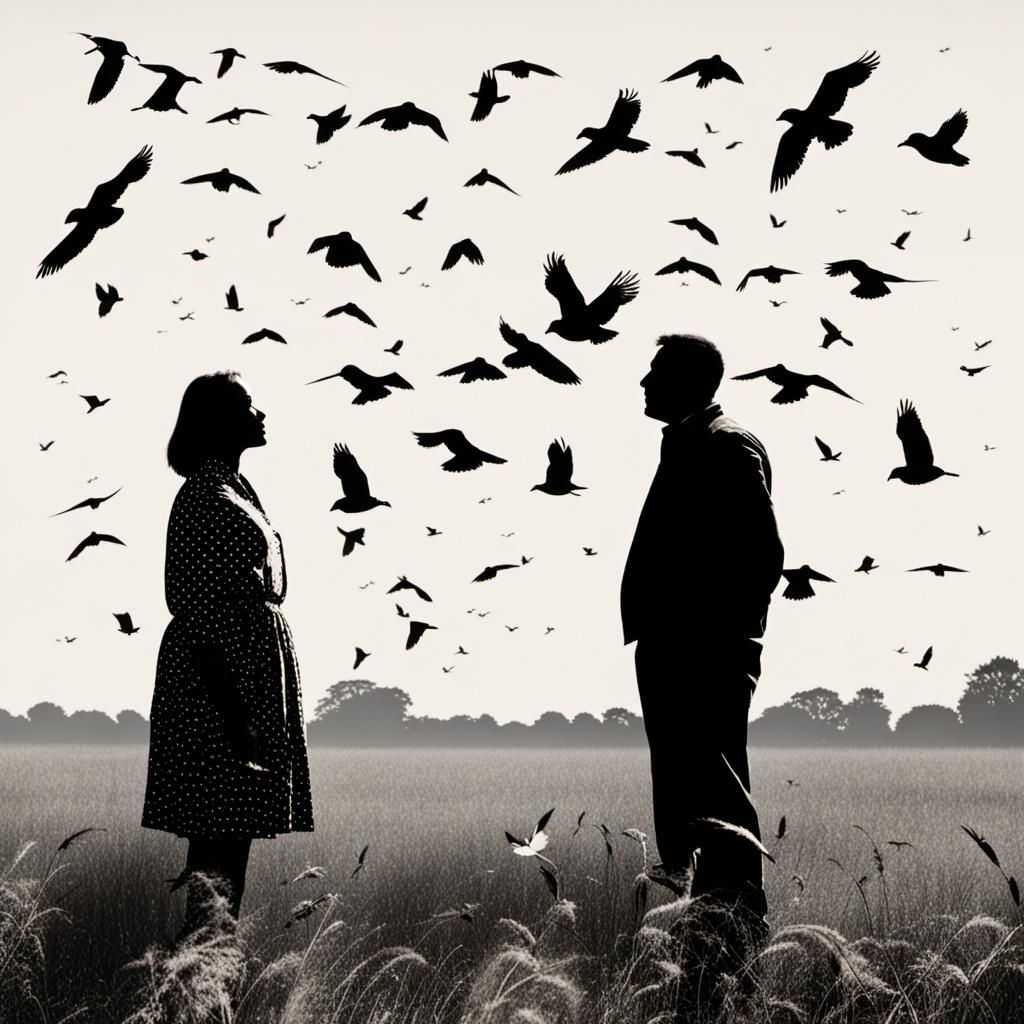 Couple in Field with Birds in Flight