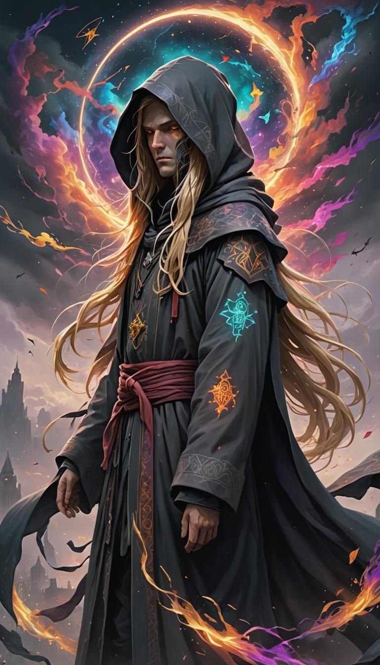Mysterious Hooded Figure with Magical Symbols