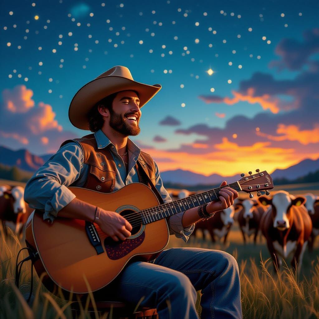 Cowboy Sings to Cows Under Starry Night Sky