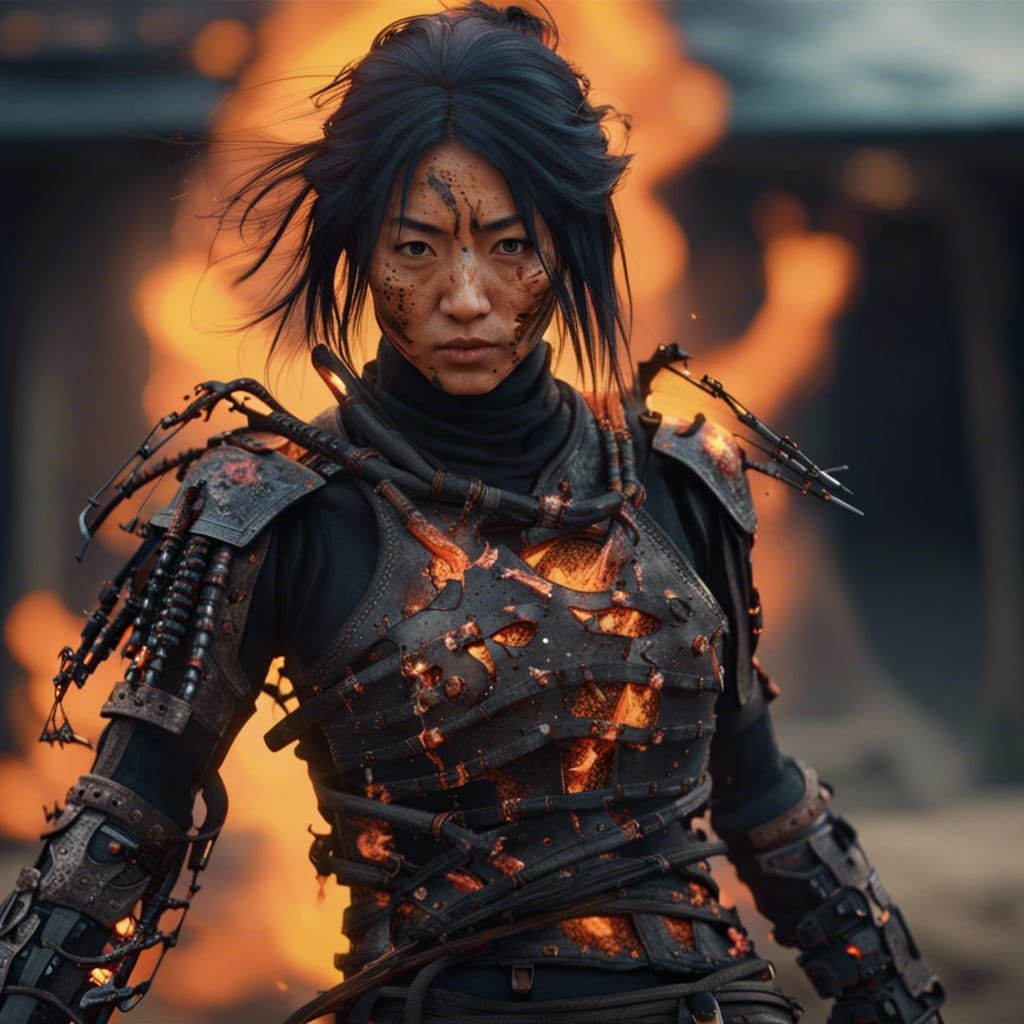 Bionic Ninja in Fiery Sci-Fi Landscape, Ultra-Realistic