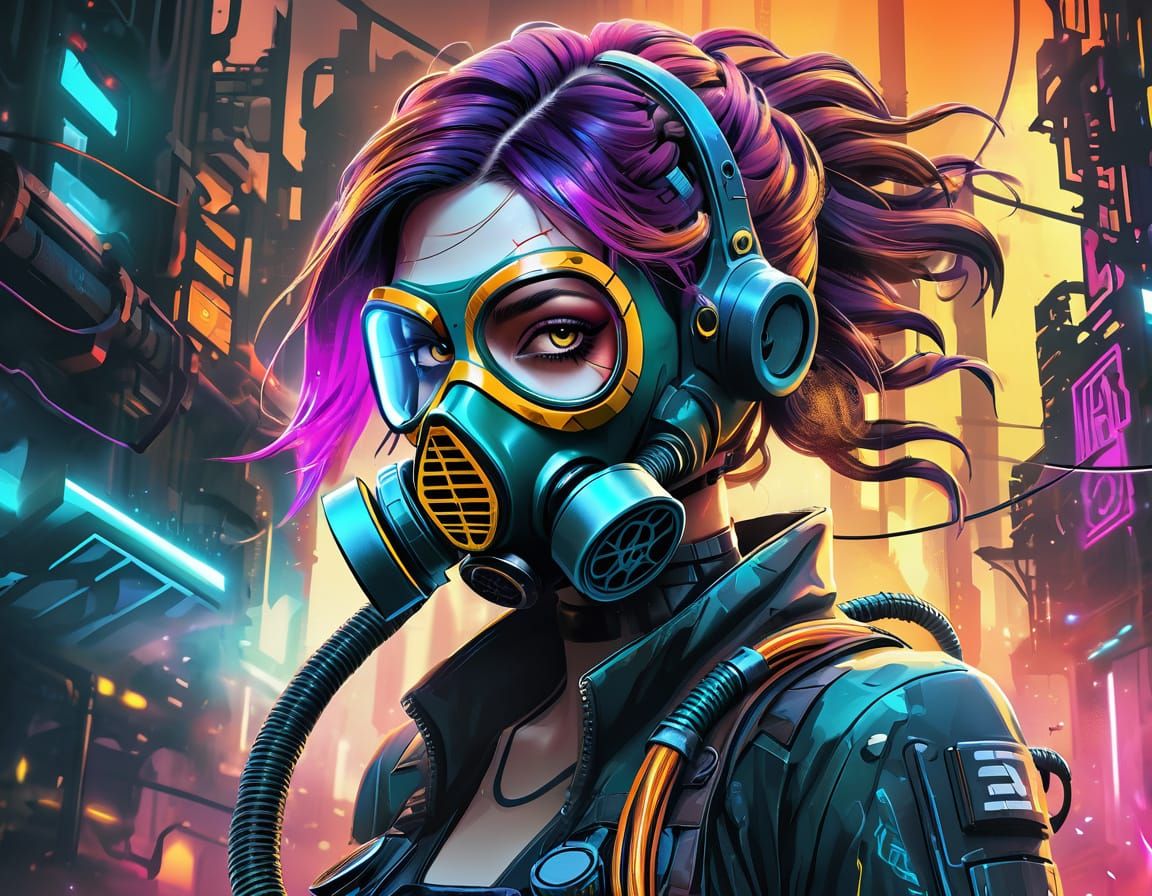 Recovery Girl in Smoky Cityscape, Biopunk Art Deco Portrait