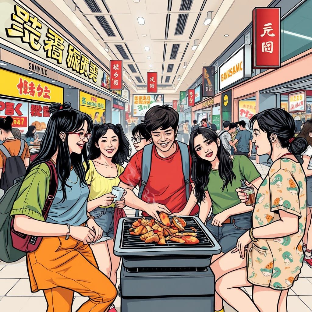 Vibrant Mall Food Court Scene in Comic Style